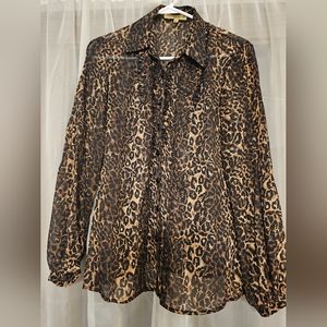 Notations Leopard Print Sheer Ruffle Flowy Blouse